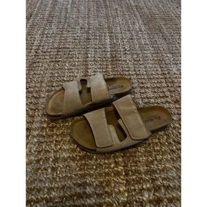 Bio Gold Women's‎ Beige Suede Double Strap Cork Footbed Slides Sandals